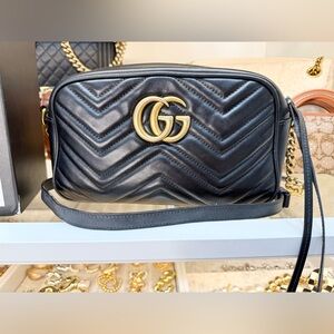 Gucci Double G Quilted Marmont Small Crossbody Bag In Black Leather Authentic